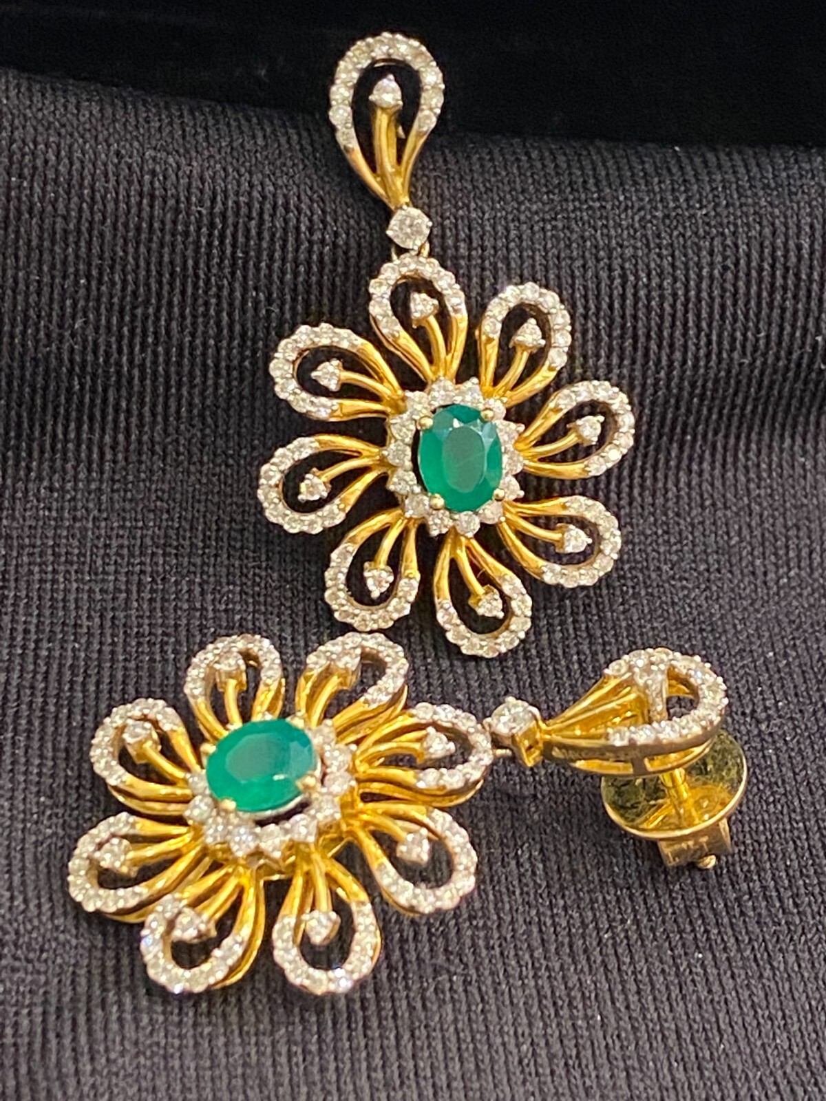 Stunning 1.86 Cts Round Brilliant Cut Diamonds Emerald Dangle Earrings 14K Gold