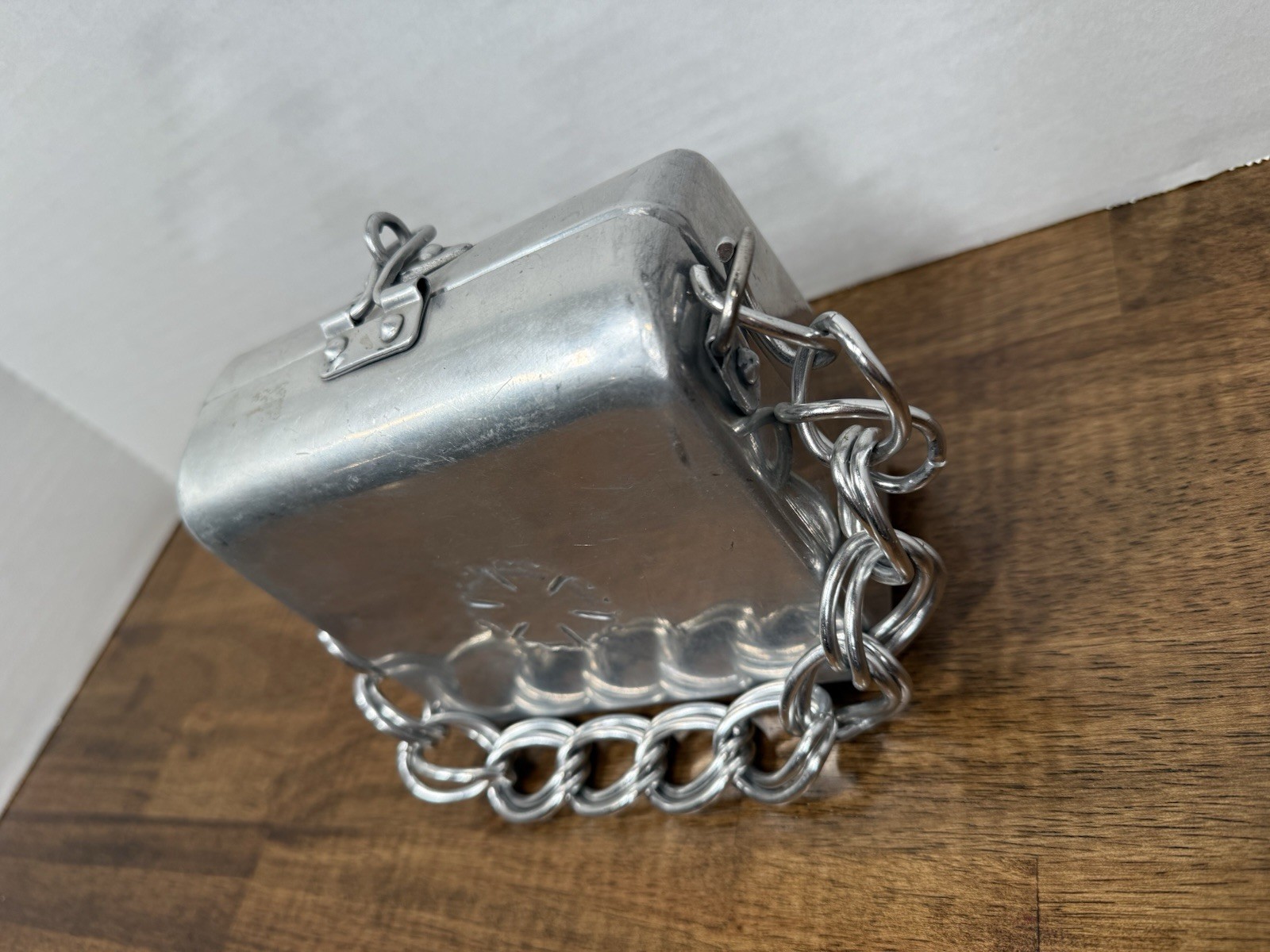 Silver Aluminum Rectangular Jewelry Box, Hinged Lined Interior, Chain Handle
