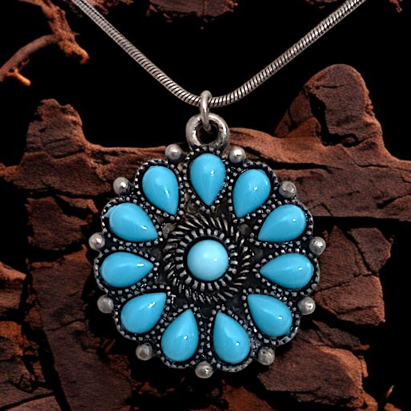 Robert Rose Faux Turquoise Pendant Necklace Antique Silver Tone Southwestern