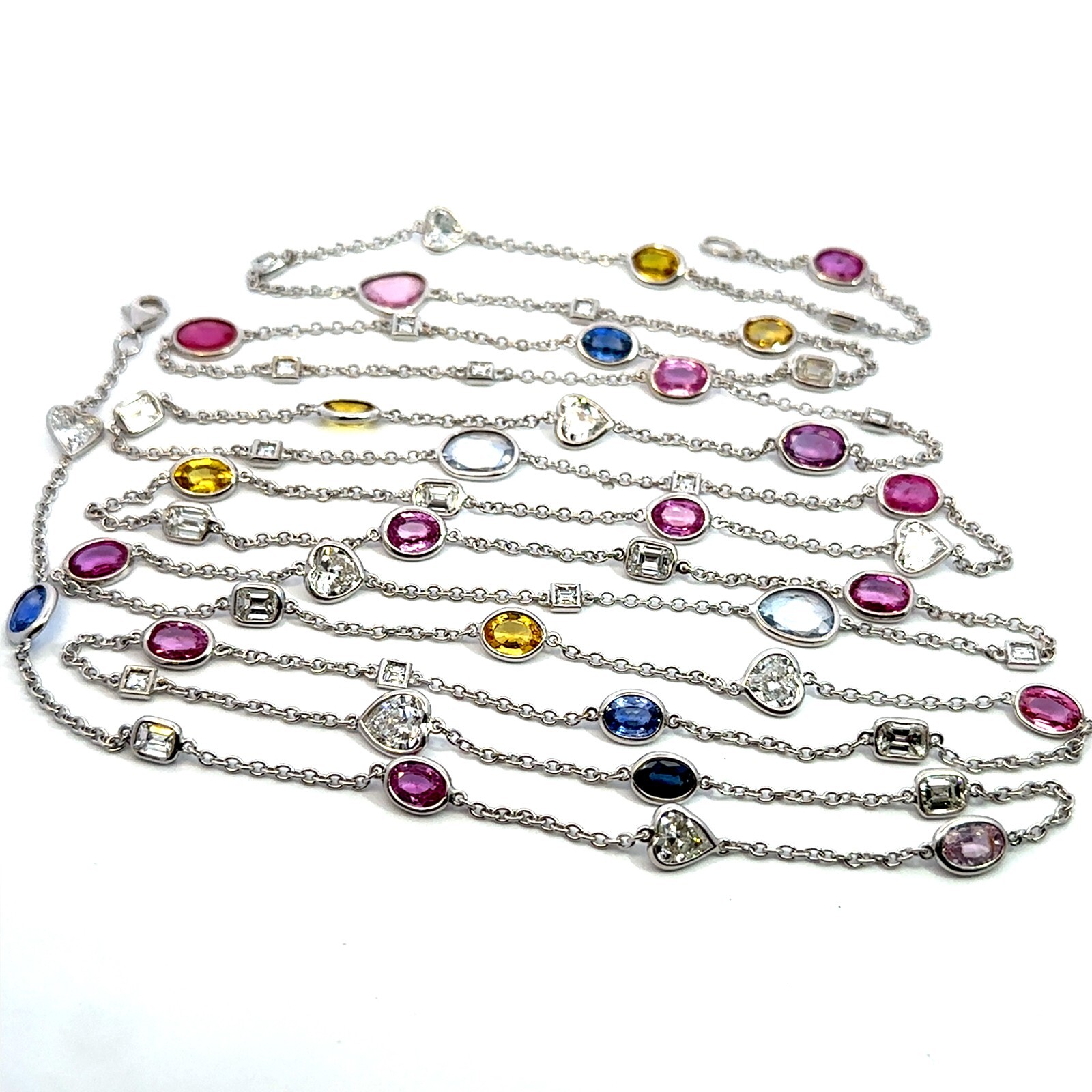 18K White Gold Fancy Cut Natural Diamonds & Multicolor Sapphire Necklace 64″