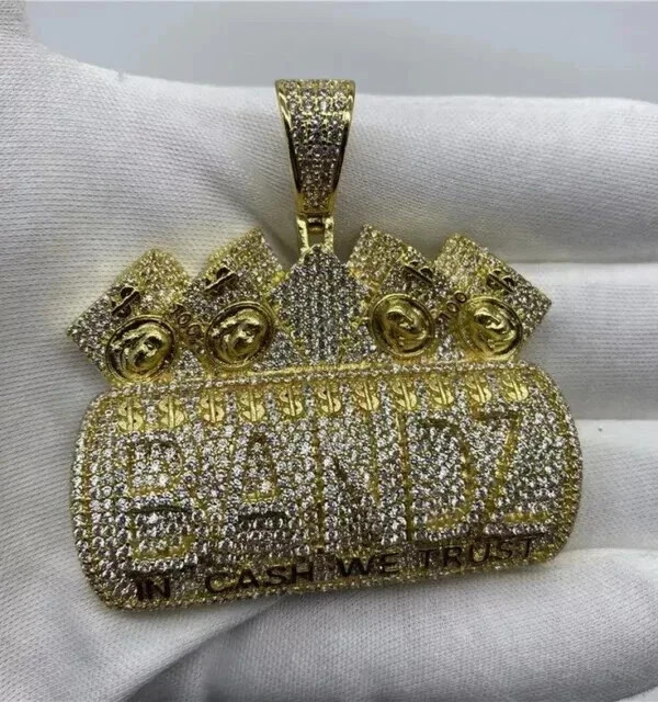 3.10Ct Round Cut Real Moissanite Custom Money Bag Pendant 14K Yellow Gold Plated
