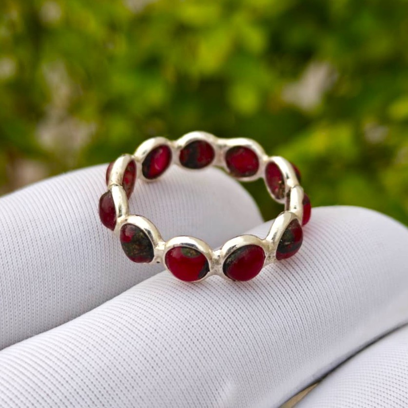 Handmade Red Copper Turquoise Sterling Silver Full Eternity Band Ring