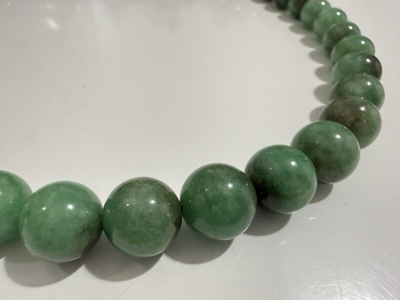 Natural Dark Green Jade Bead Strand Necklace Graduated Jadeite Round Beads 18″