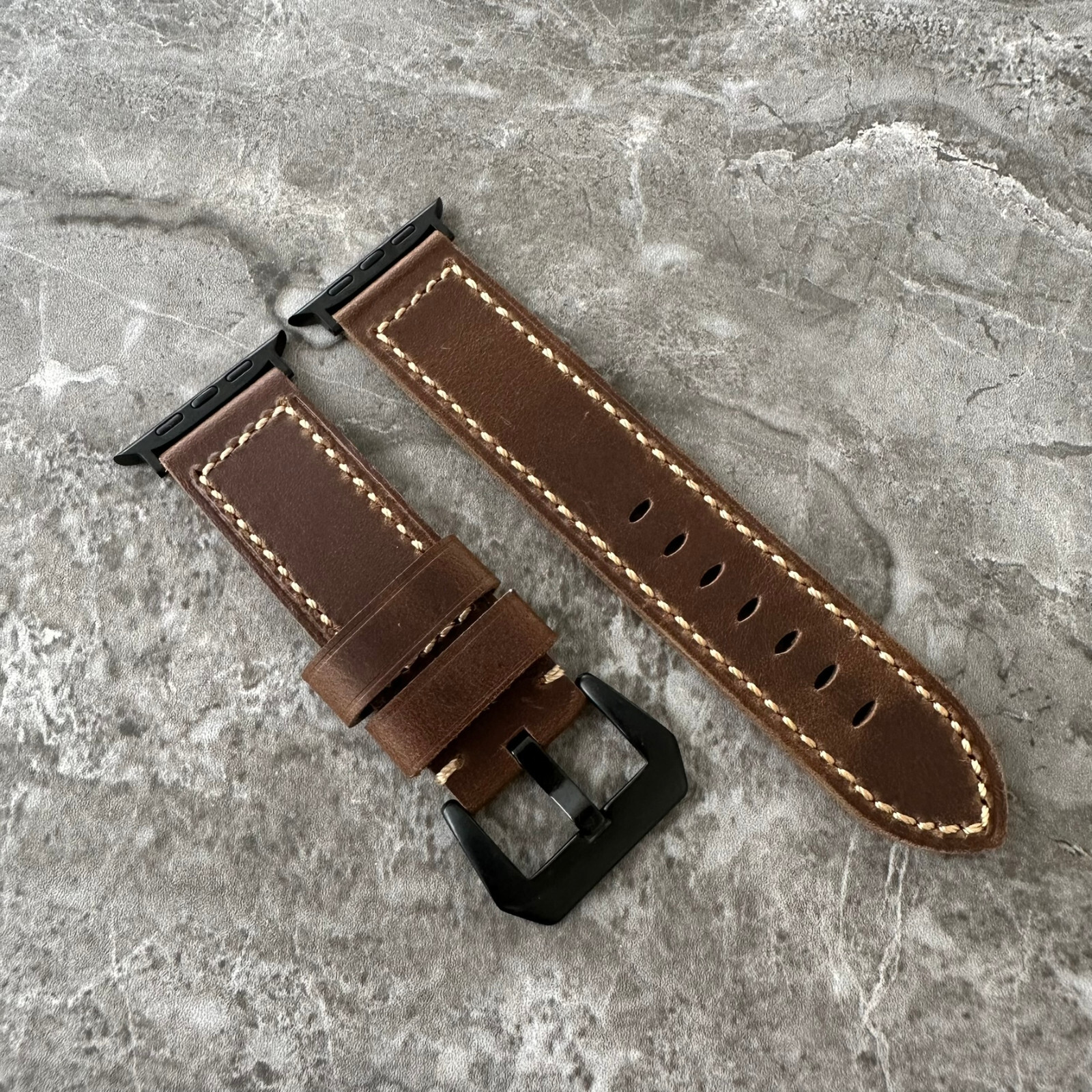 Premium Leather Thick Dark Brown Watch Strap For Black Apple Watch Ultra 49mm