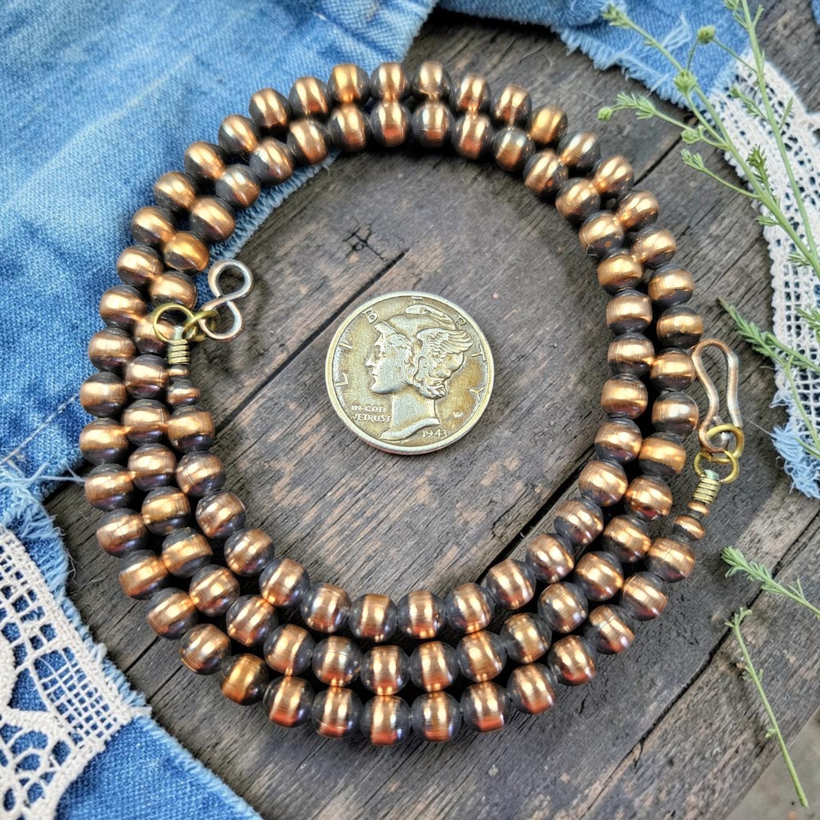 18″ NAVAJO Pearl Desert 5mm Southwest Native Bench Beads Copper Squash Necklace