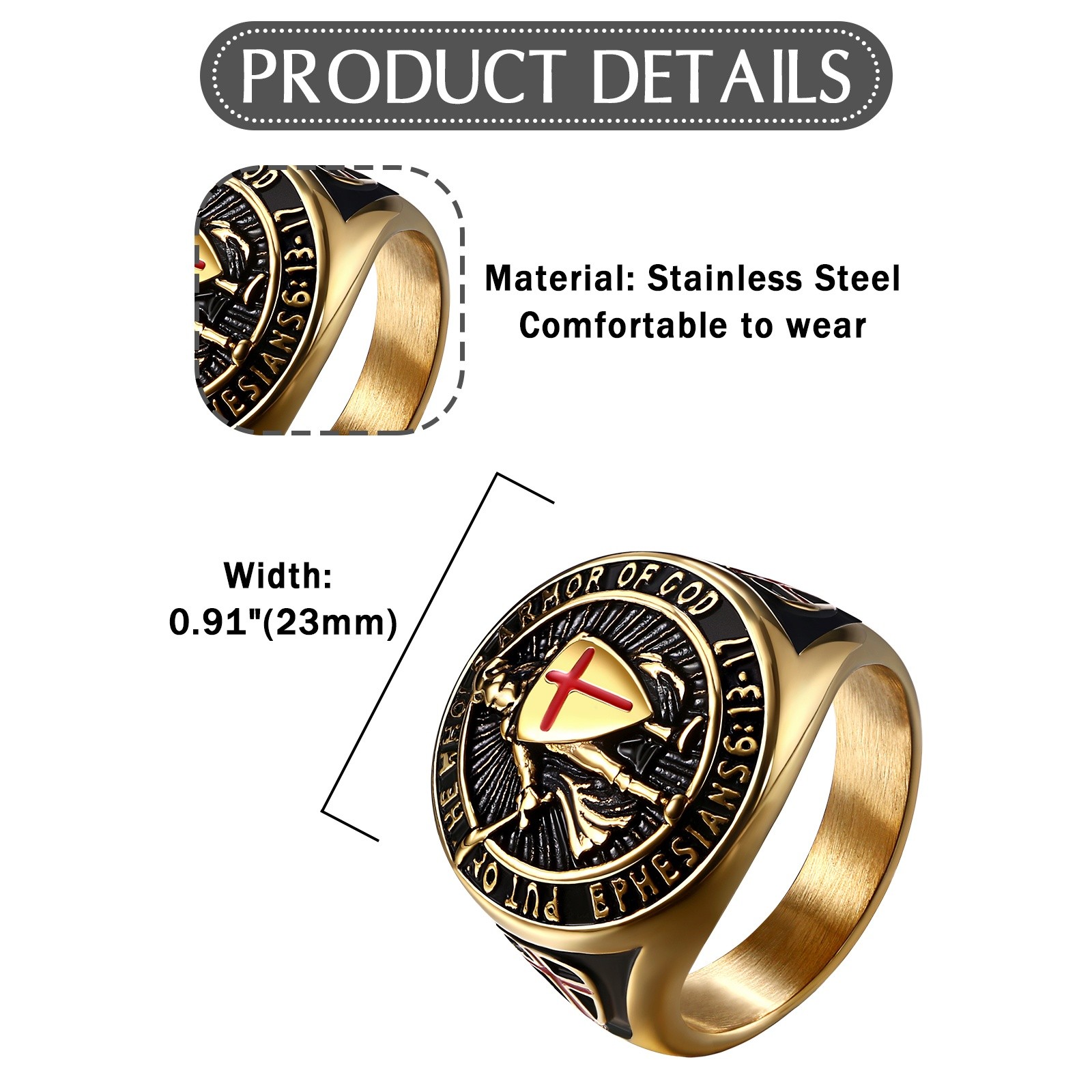 Men Archangel St Michael Shield Guardian Stainless Steel Signet Ring #8-13