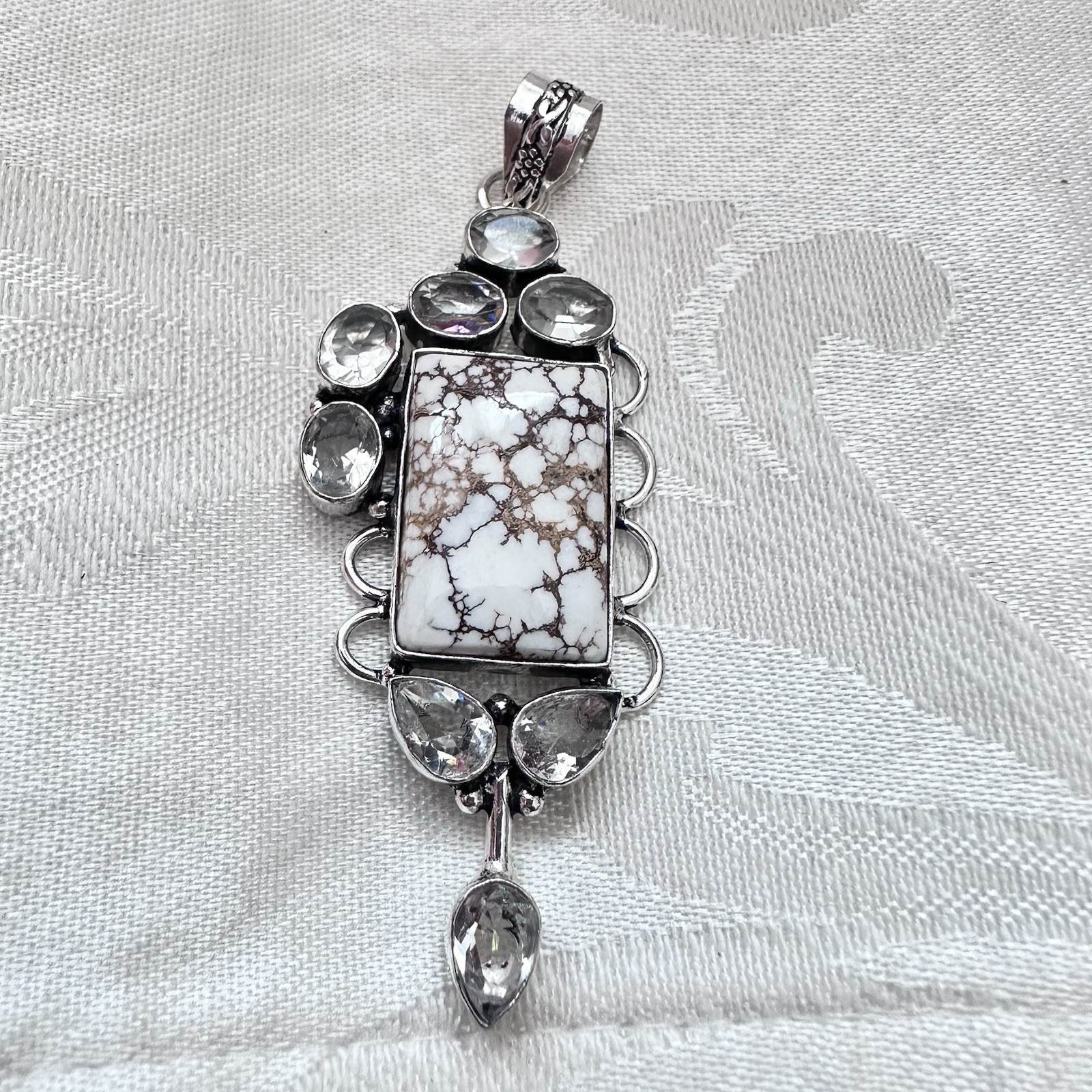 Pendant Natural Magnesite And Glass Accent Multi Stone Silver Tone Metal 0790 B