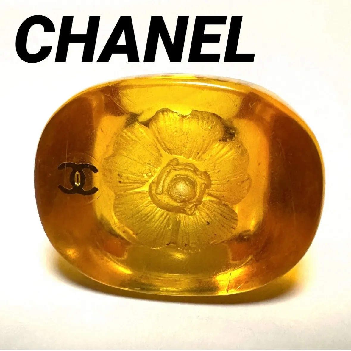 CHANEL Camellia CC Logo Resin Ring Orange Clear Size 13 US 6.5 Auth