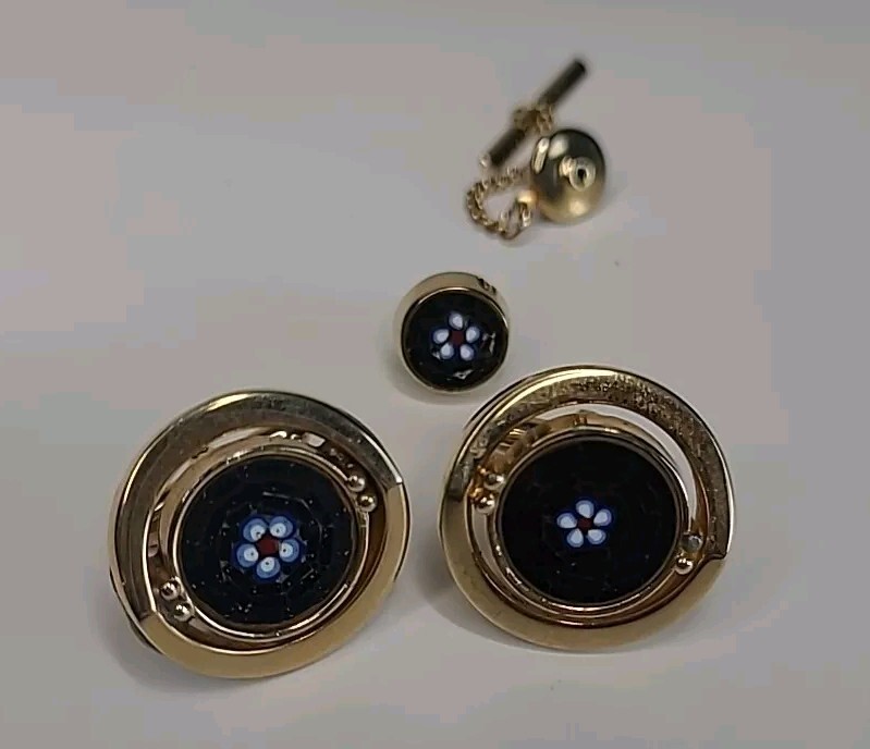 AntiqueVintage Rare Swank Micro Mosaic Pietra DuraSpider Web CufflinkTietack Pin