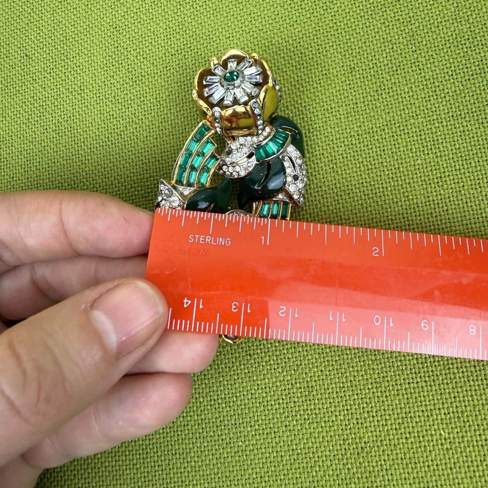 1930s Quivering Camellia Coro Duette Combo Double Brooch Pin Enamel Rhinestone