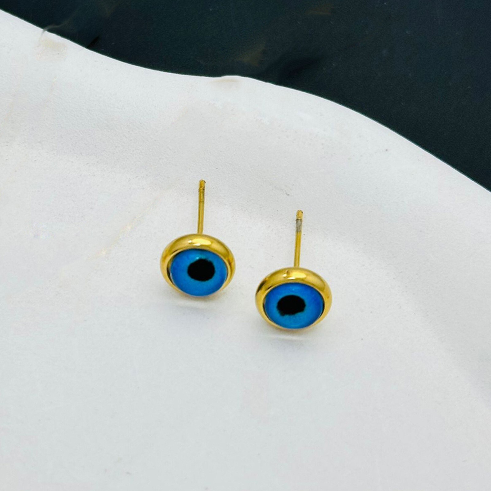 18K Gold Titanium Stainless Steel Evil Eye Round CZ Stud Earrings 8mm Gift PE44