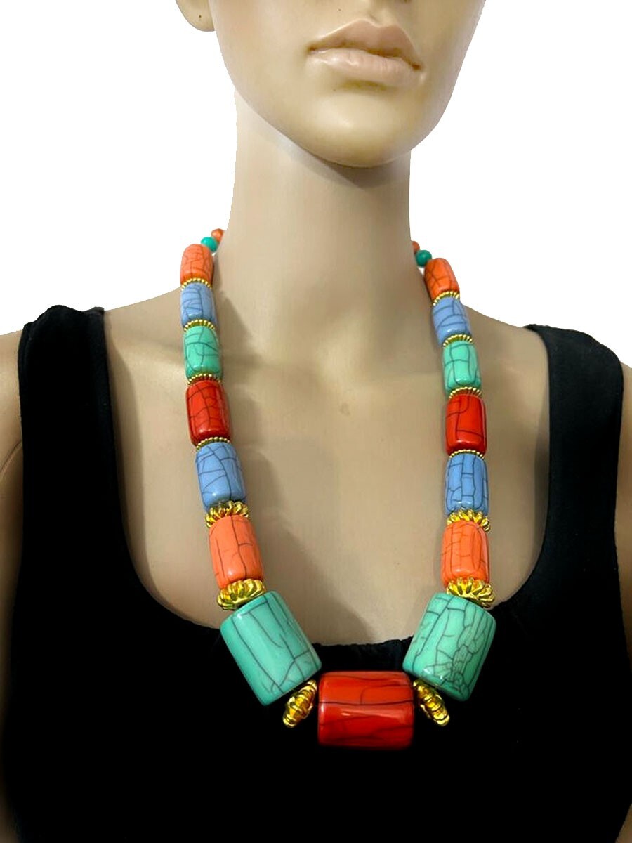 N7695 Ethnic Fashion Multi Color Resin Beads Gypsy Tribal Necklace Tibet Jewelry