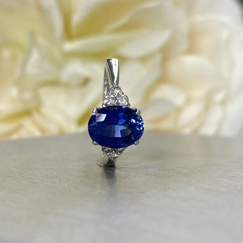 3.80 Ct Oval Natural Sapphire & Diamond Wedding Ring 14K White Gold Size 6