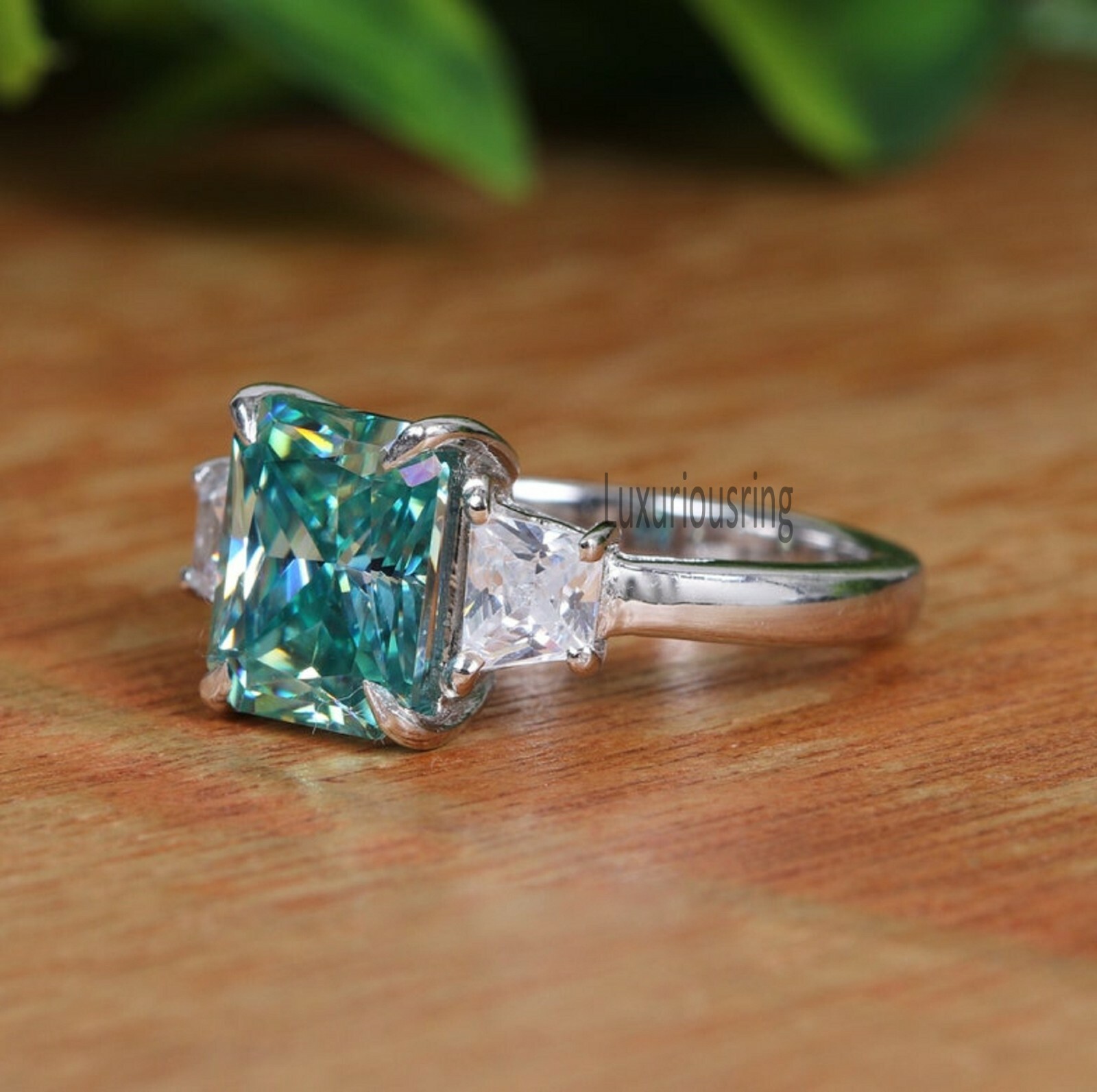 2.74 Ct Blue Green Radiant Cut Moissanite, 3 Stone Engagement Ring, 925 Silver