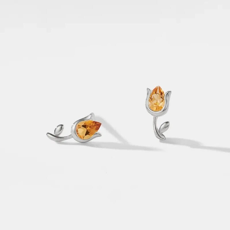 Citrine Orange Crystal Tulip Flower Stud Earrings in 925 Sterling Silver