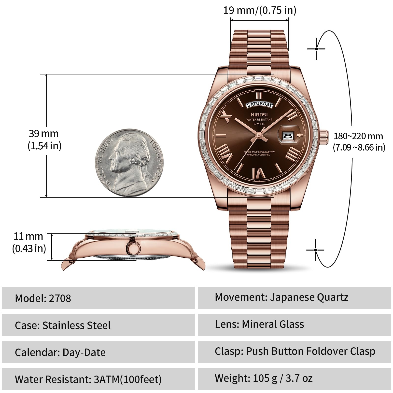 Men’s Watches Analog Quartz Diamond Bezel Stainless Steel Brown Dial Rose Gol…
