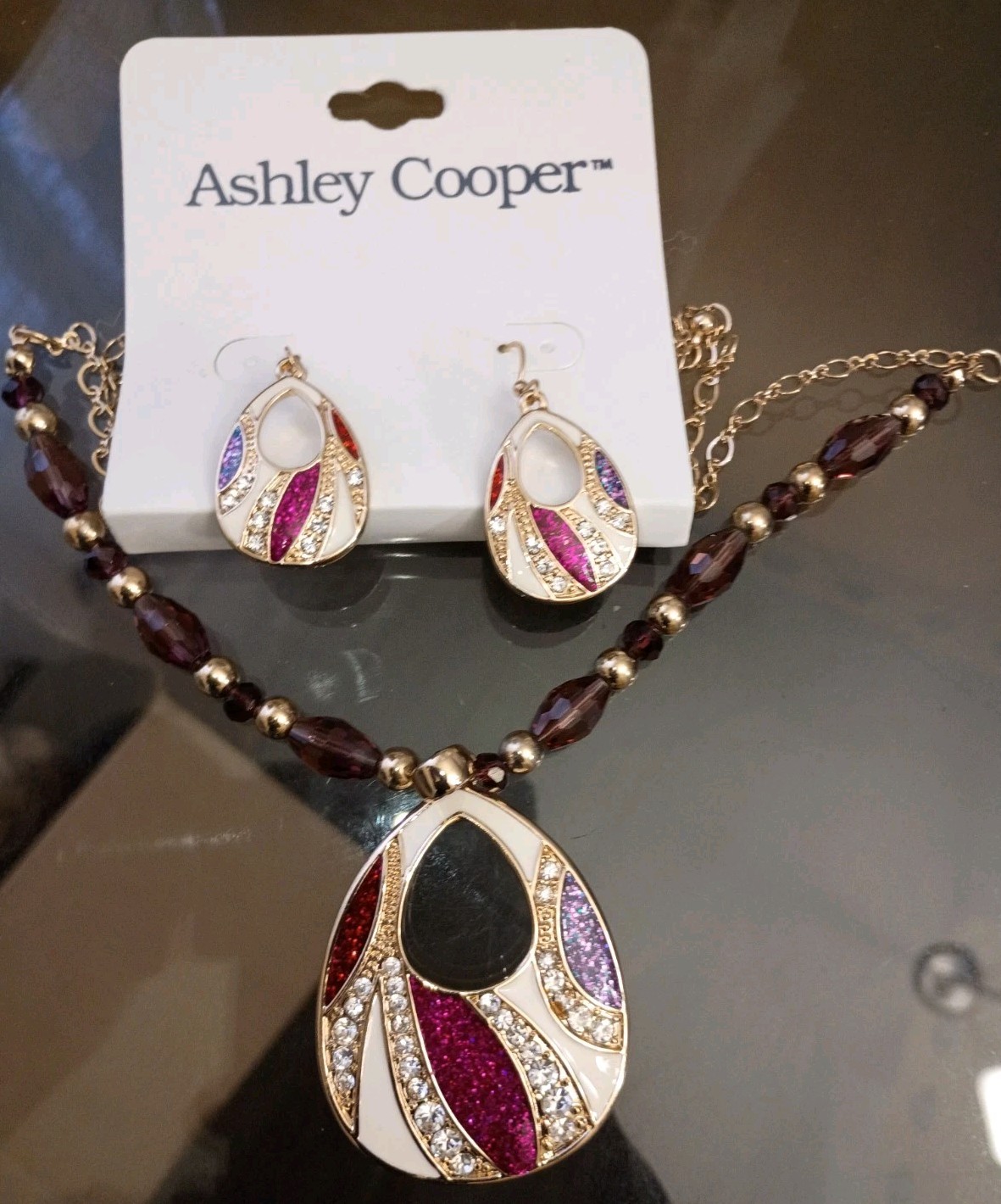 Ashley Cooper Pendant Beaded Necklace with Earrings Gold Tone
