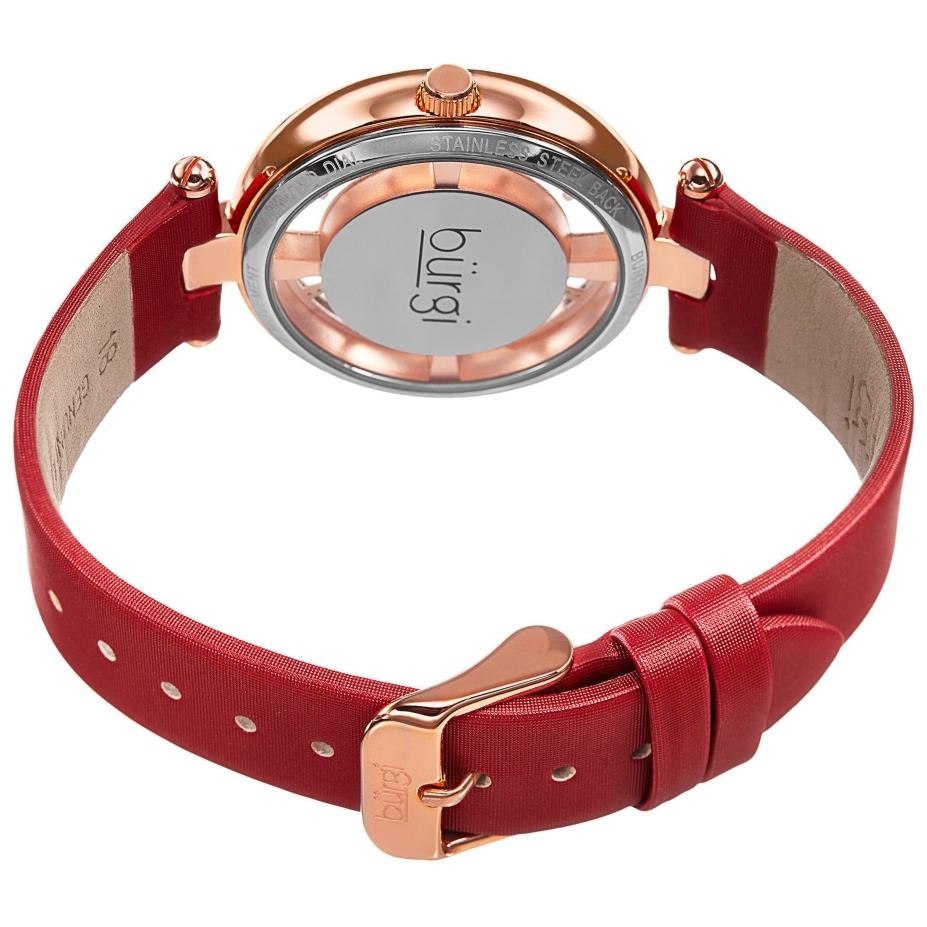 Burgi BUR104RD Diamond Markers Crystal Bezel Red Satin Strap Rose Womens Watch