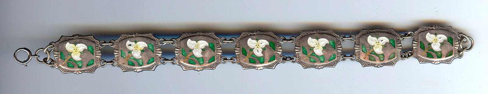VINTAGE BREADNER MANUFACTURING STERLING ENAMEL TRILLIUM FLOWERS LINK BRACELET*