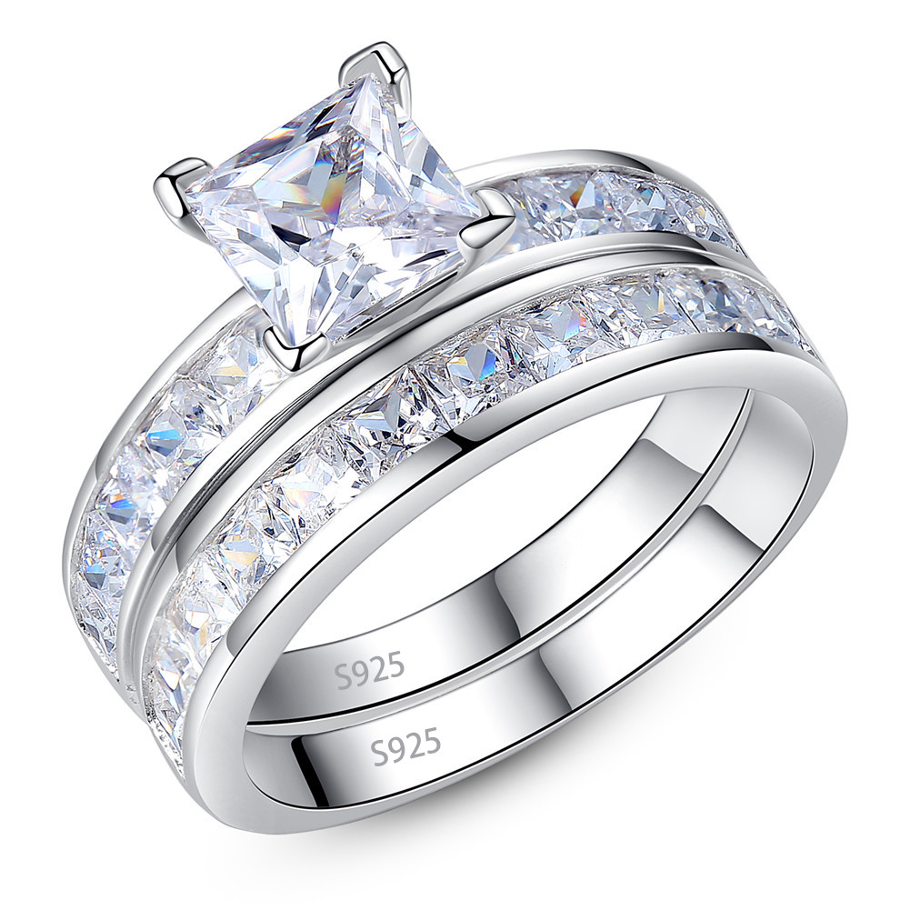 Women Engagement Ring Wedding Band Set Sterling Silver Princess CZ Size 5-11