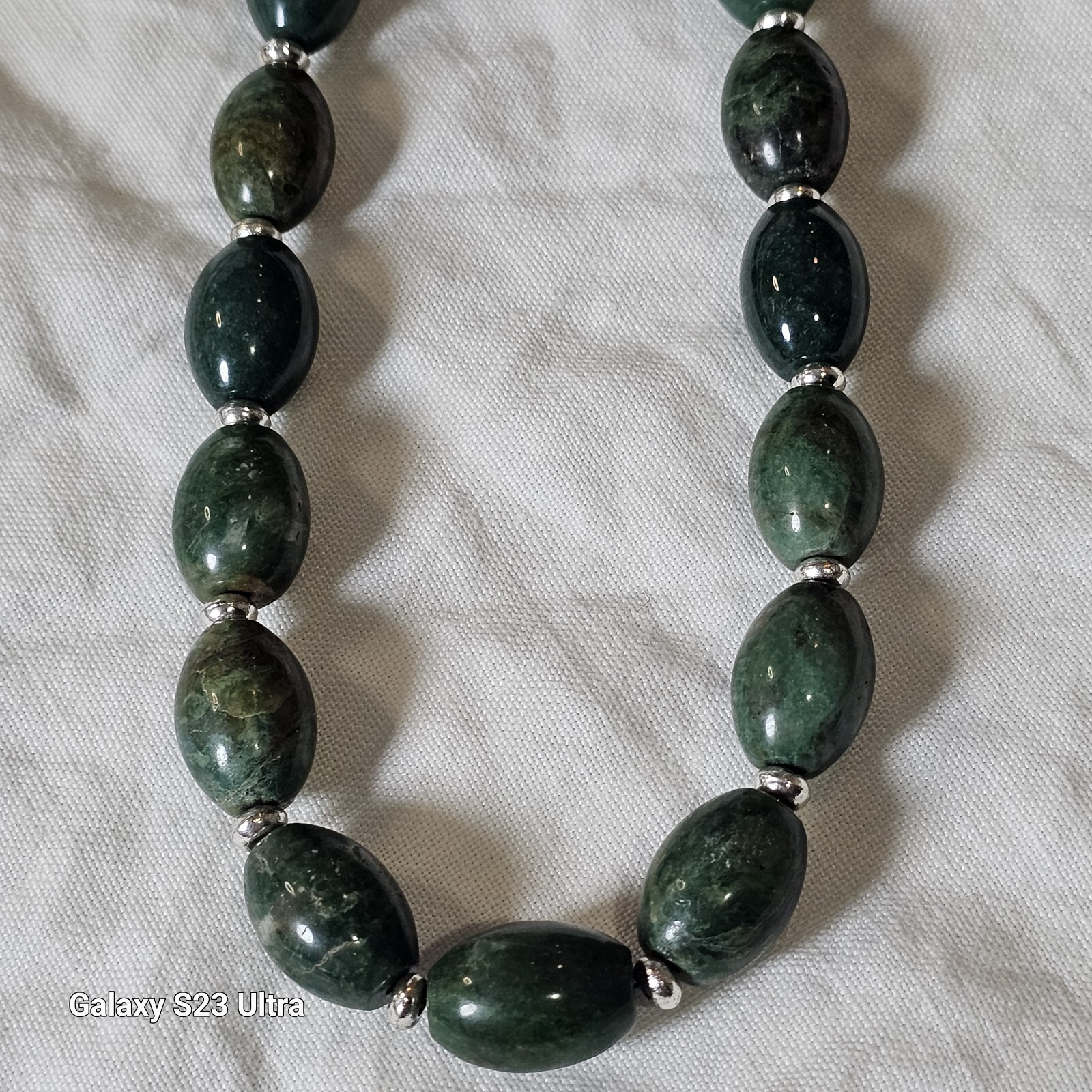 LC Marked green Stone Necklace with Silver Tone Spacers 20″ long