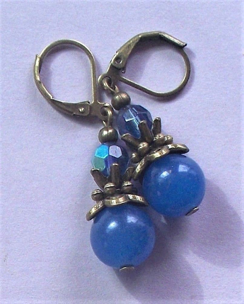 dark blue BLUE JADE & AB Crystal earring BRONZE LEVERBACK artisan#475-4