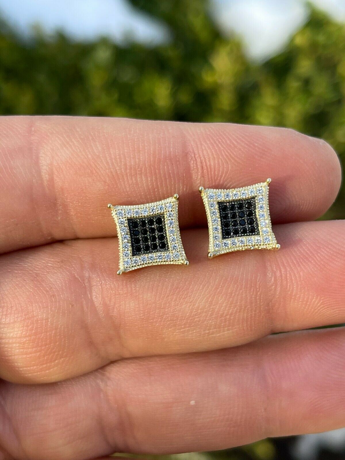 Mens 14K Gold Plated 925 Silver Iced Kite Black CZ Square Earrings Studs