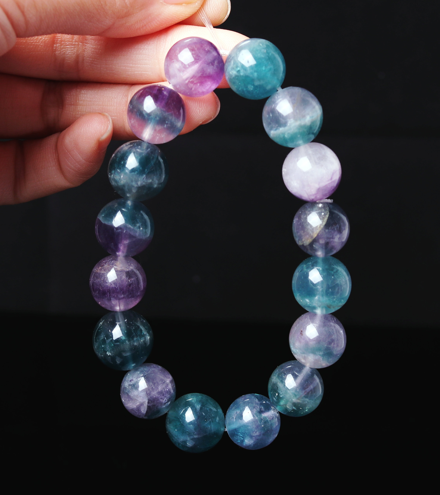 12-13.4mm Natural Blue Green Purple Fluorite Crystal Quartz Beads Bracelet C698