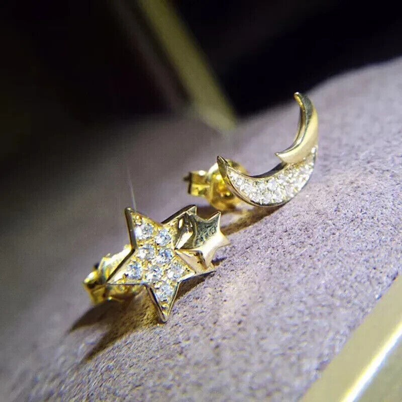 Round Simulated Diamond Women’s Moon Star Stud Earrings 14K Yellow Gold Plated