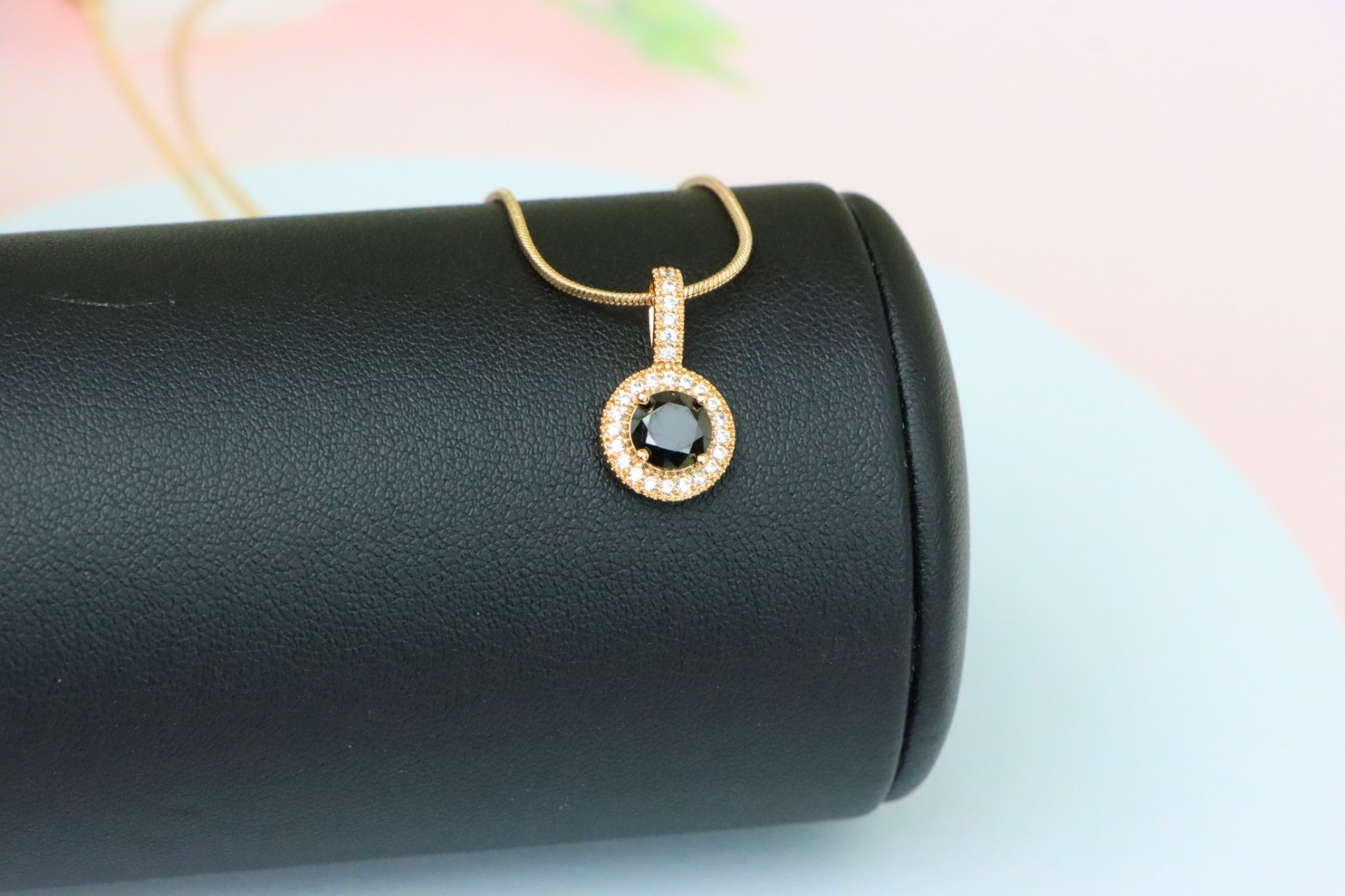 with Crystal Halo for Women, XPPT1740 Gold Plated Black Round Pendant