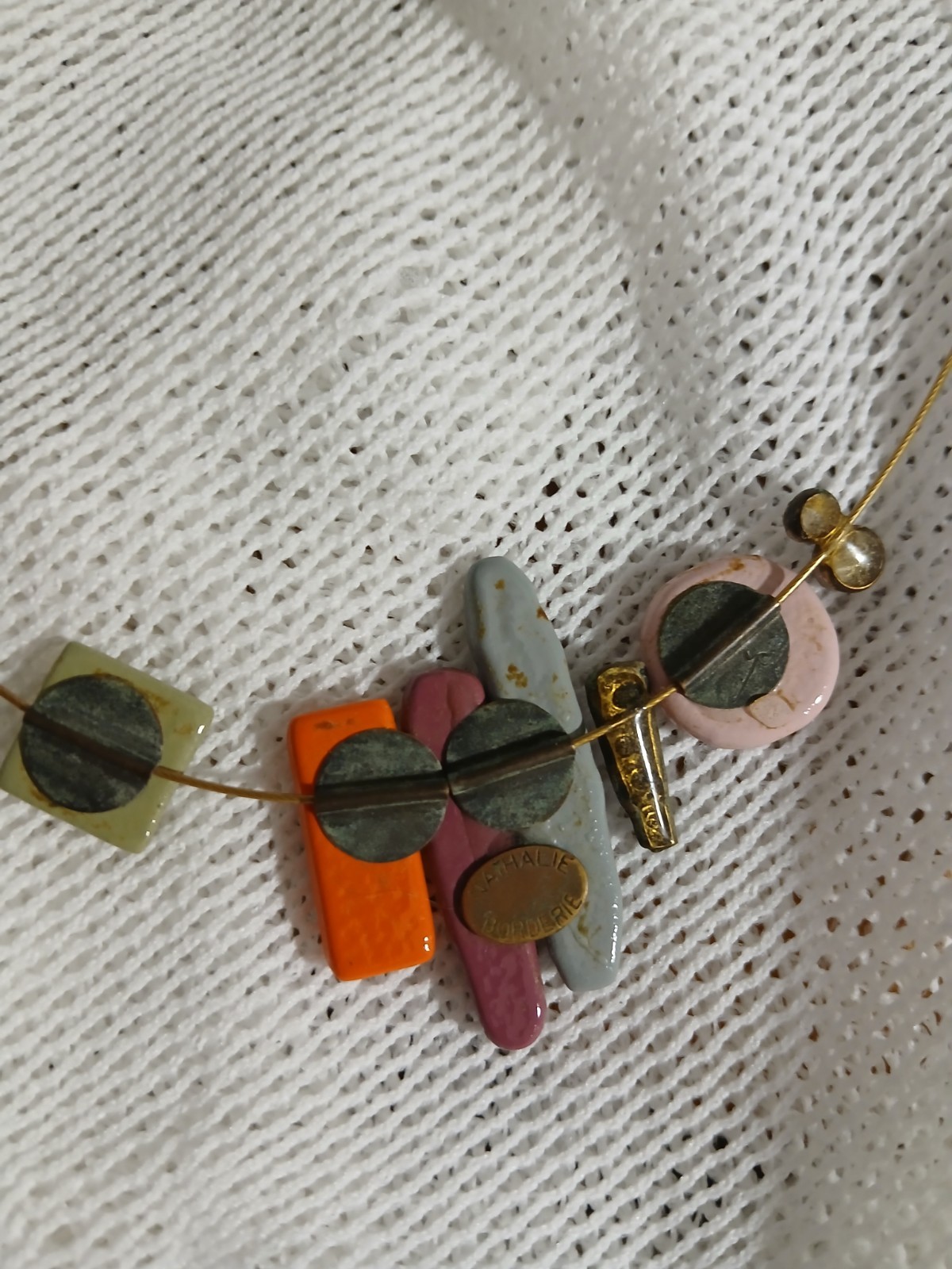 Vtg Brass Wire Choker Necklace Victorian Rev. Snap Clasp Geometric Shaped Rocks