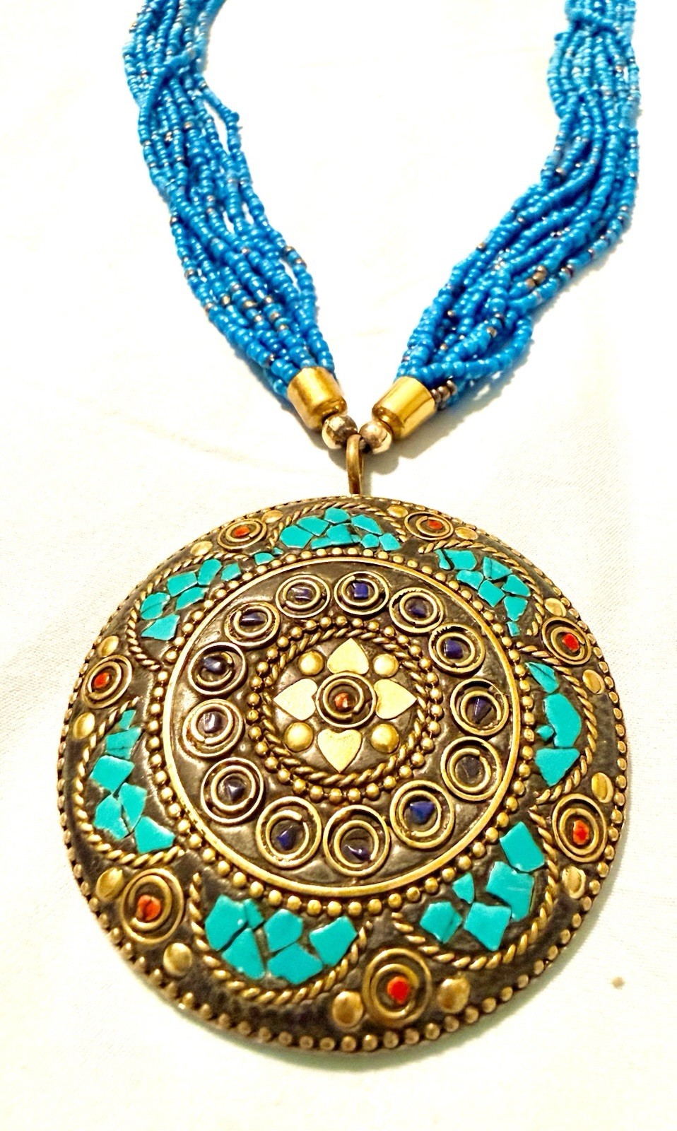 Rajasthani Necklace Multi Strand Blue Beaded Oxidized Gold Medallion