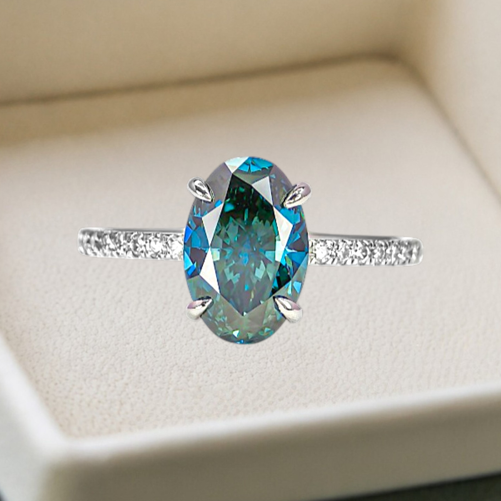 Oval Cut 2.80 Ct Fancy Vivid Blue Diamond Gift Ring IGI Lab Grown 18k White Gold