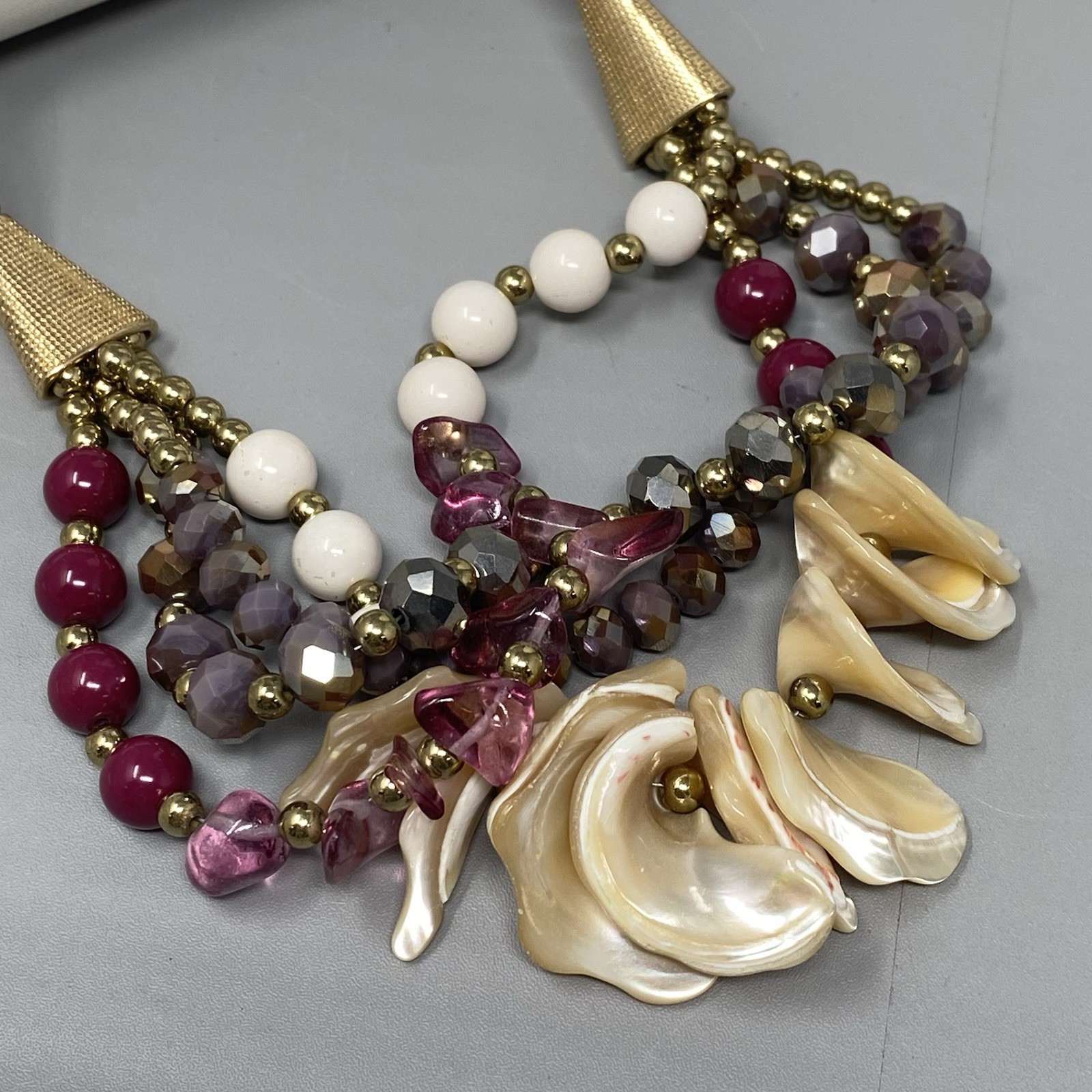 Chunky Statement Layered Necklace Mauve Purple Glass Shell Acrylic Gold Tone 21″