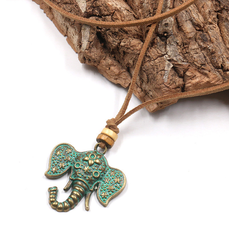 Fashion Vintage Green Elephant Charm Pendant Sweater Chain Alloy Necklace jewelr