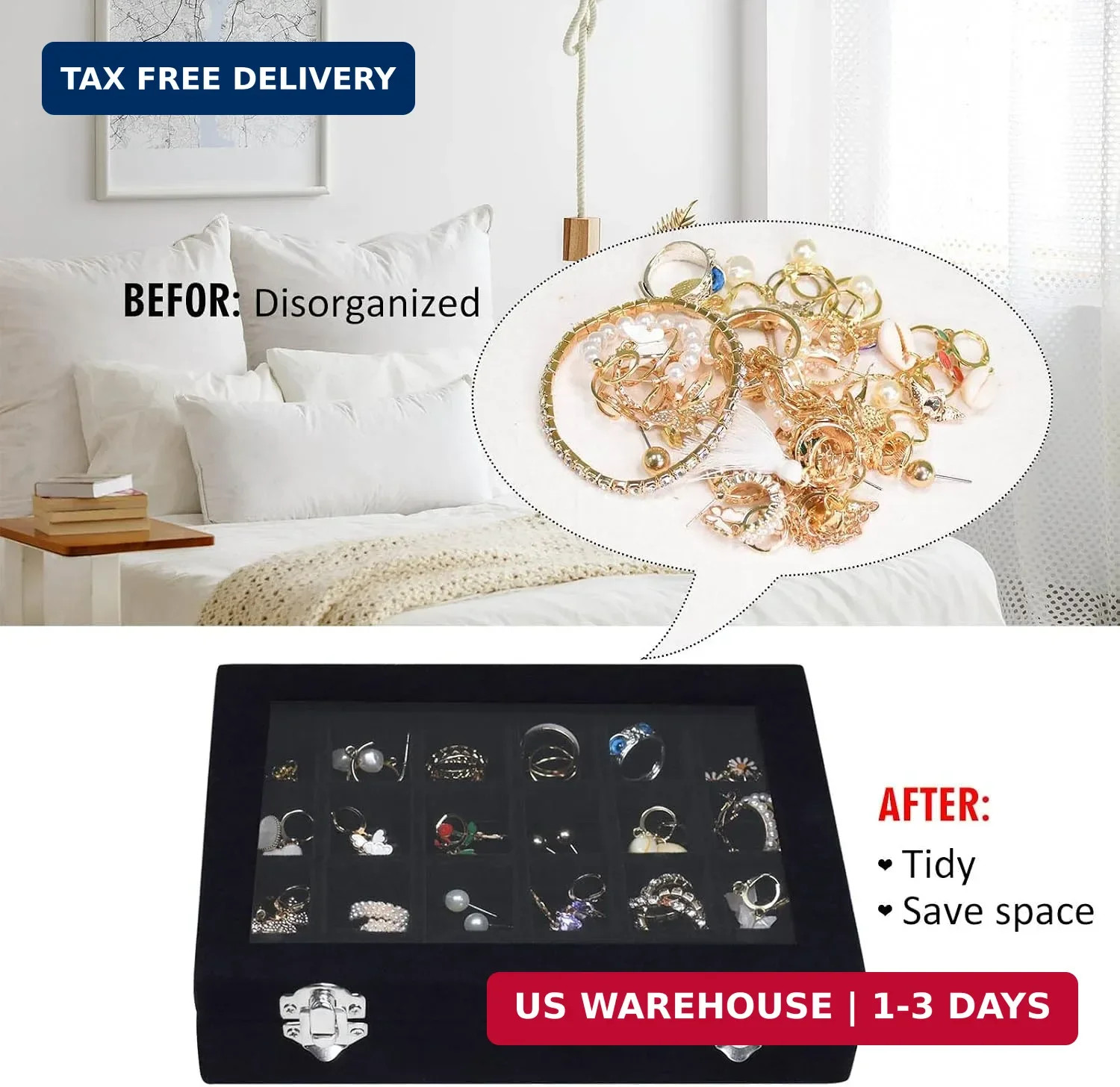Velvet Jewelry Box 24 Grid Jewelry Ring Display Organiser Box Tray Holder Earrin