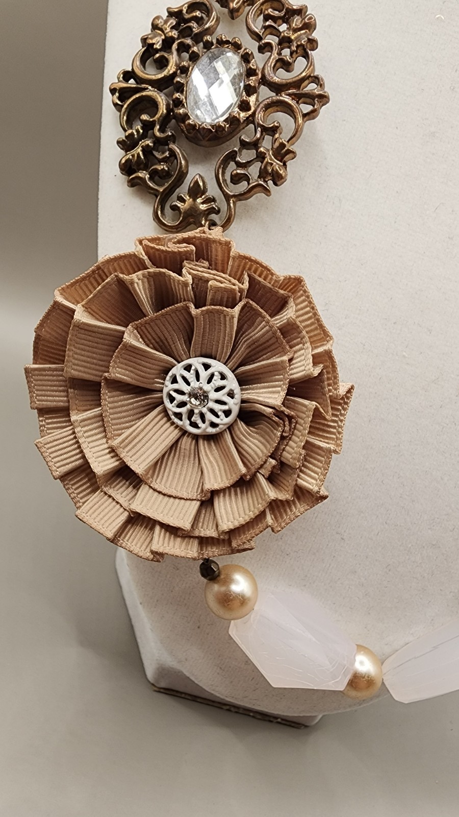 Artisan Upcycled Mixed Media Necklace Chunky Pearl Ribbon Flower Octopus 24 In
