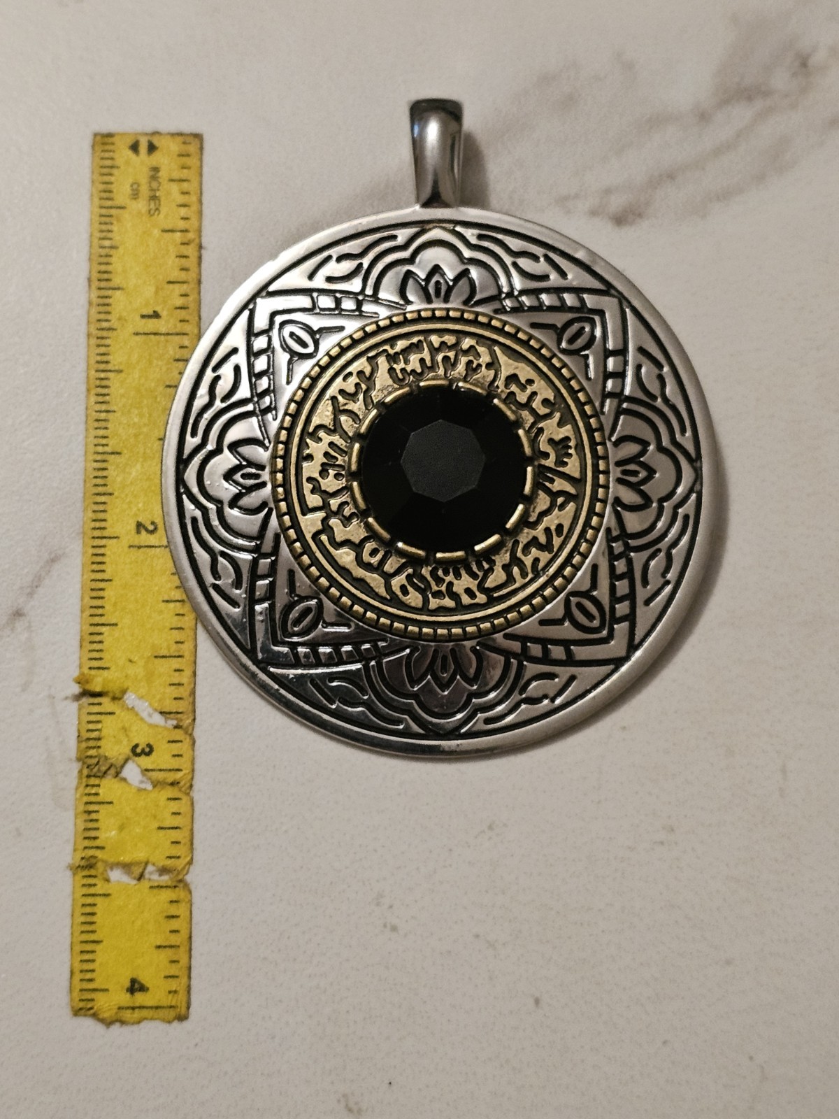 Premier Designs Mesa Enhancer/Pendant Medallion Silver Brass Black Center Stone