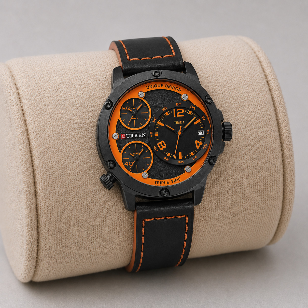 CURREN Mens Triple Time Zone Watch Black Orange Leather Strap Date Quartz