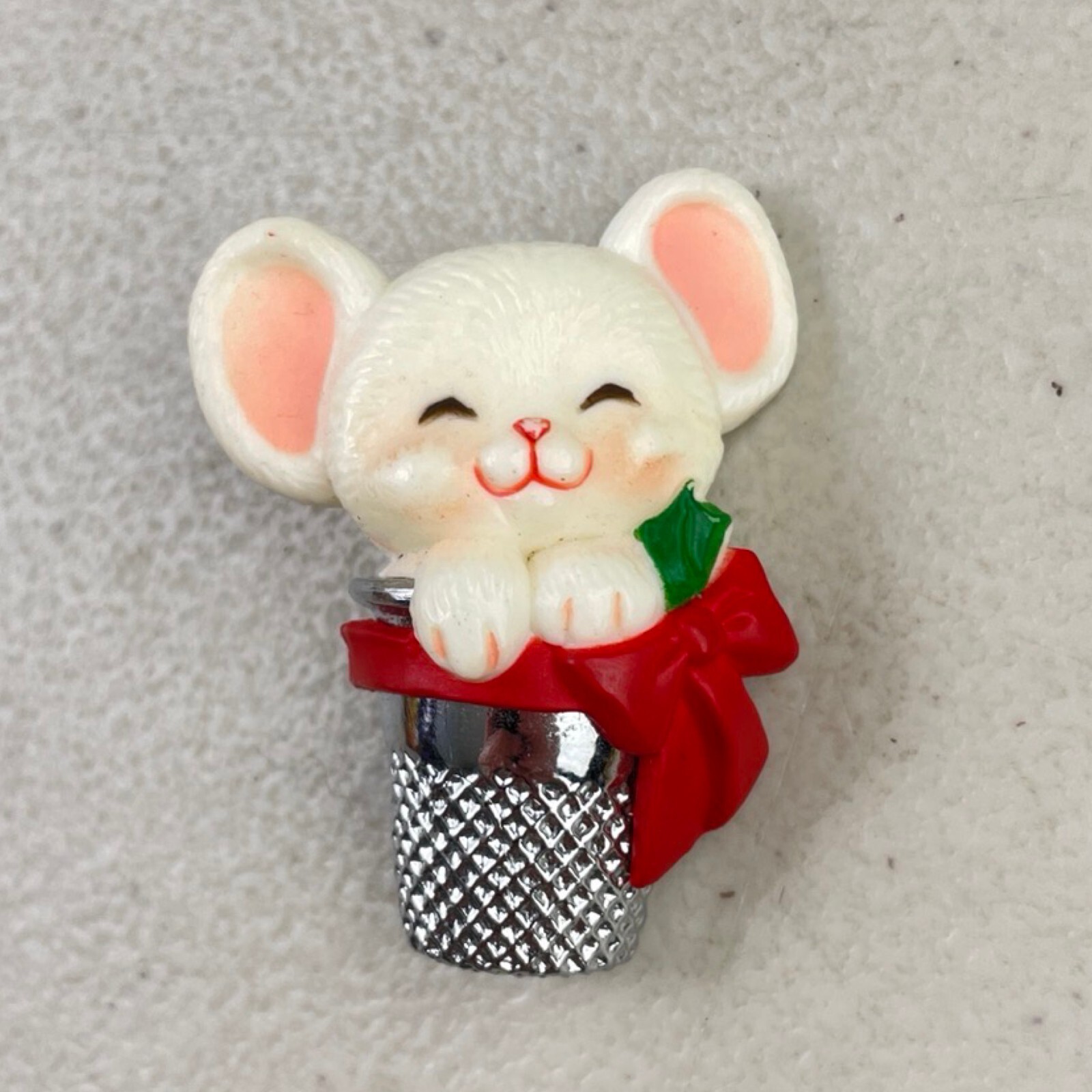 Vintage Christmas Mouse in Thimble Brooch 1980s Hallmark Holiday Pin