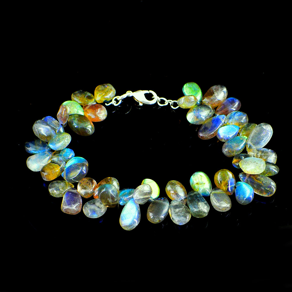 190.00 Cts Natural Golden & Blue Flash Labradorite Pear Beads Bracelet NK 20MK3