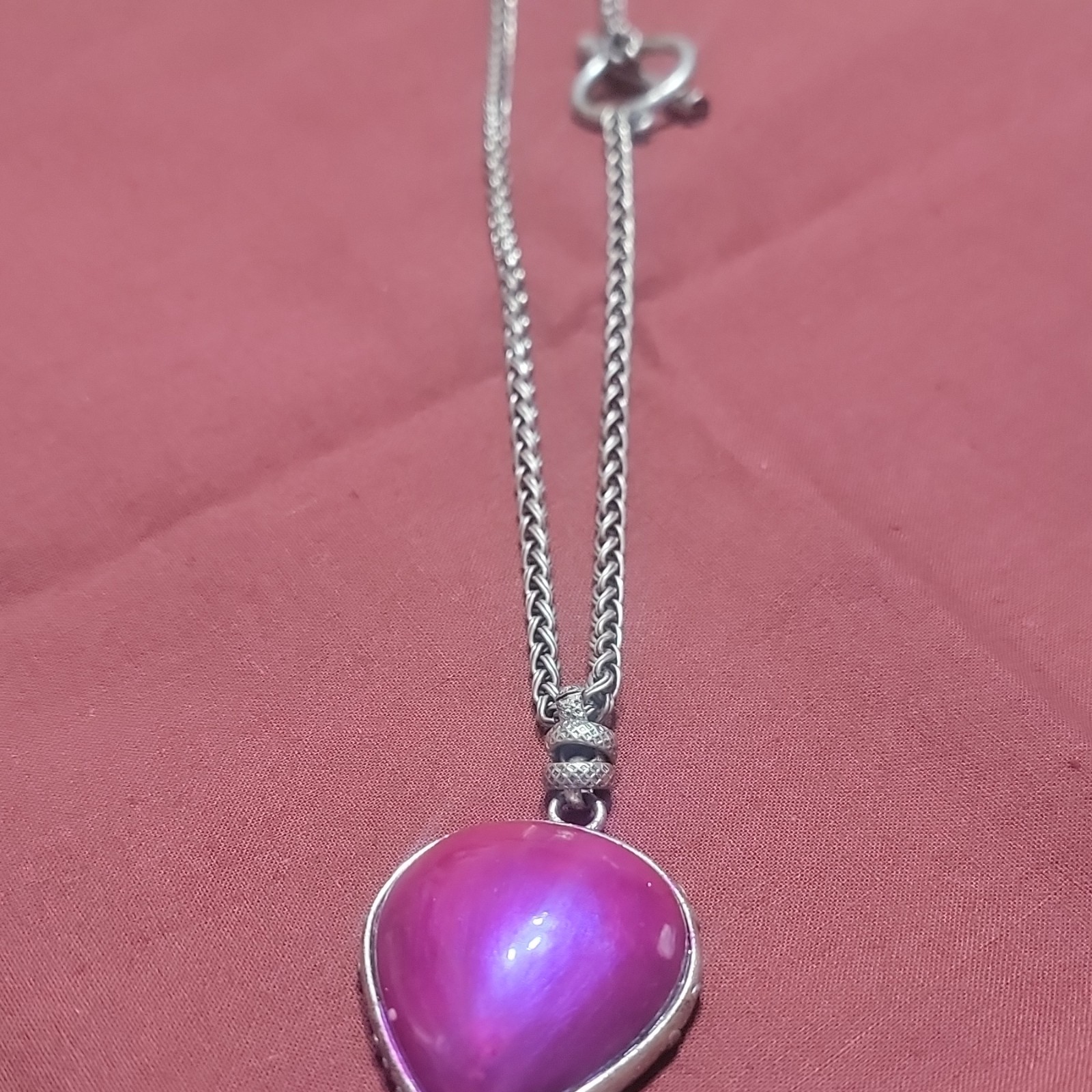 Silver Tone Curb Link Chain Necklace Heart Pendant Purple Stone Lobster Clasp