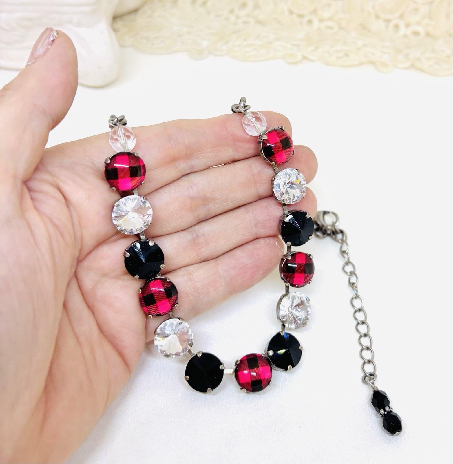 Red Plaid Cup Chain Statement Necklace made with Jet Black Austrian Crystals