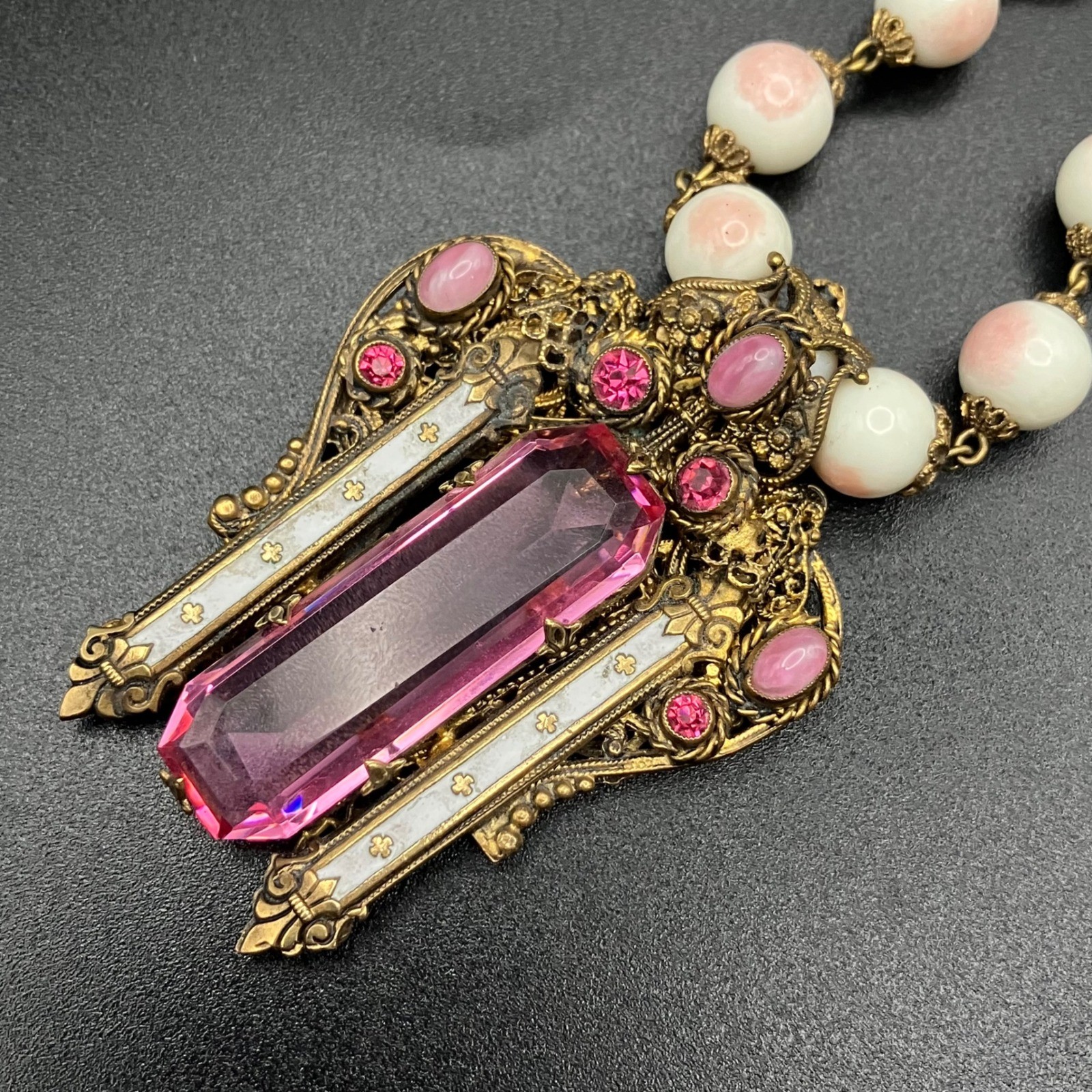 Vintage Czech Necklace Pink Glass Stone Brass Enamel Art Deco Bohemian Pink 27in