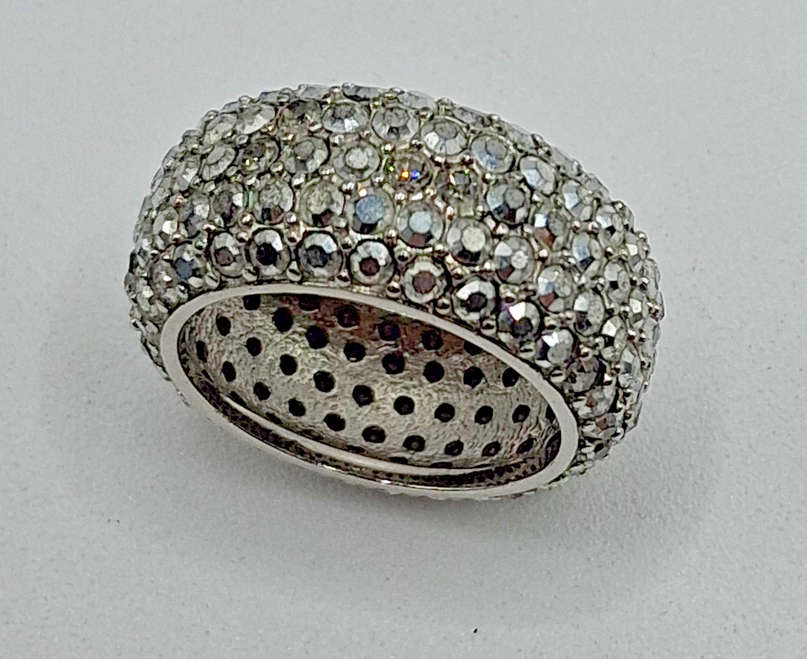 Joan Boyce Silver Tone Ring Metallic Silver Rhinestones 10mm Wide Size 6.75