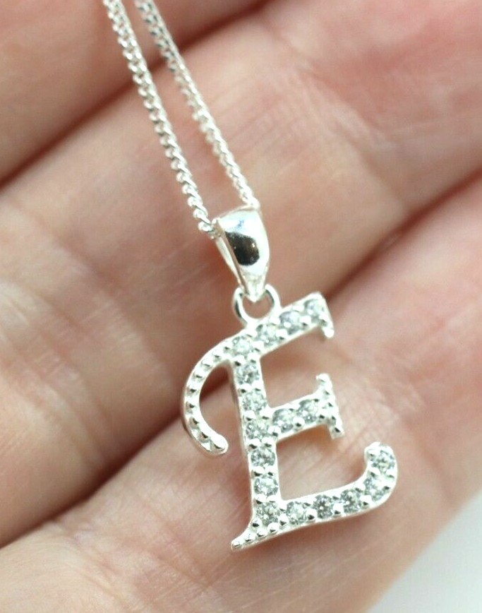 Sterling Silver CZ Initial E Pendant with 45cm + 5cm Extender Chain -Free post