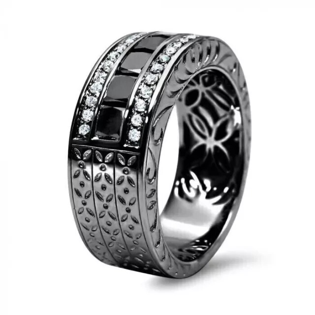 2Ct Princess Lab Created Black Diamond Men’s Wedding Band 14K Black Gold Plated