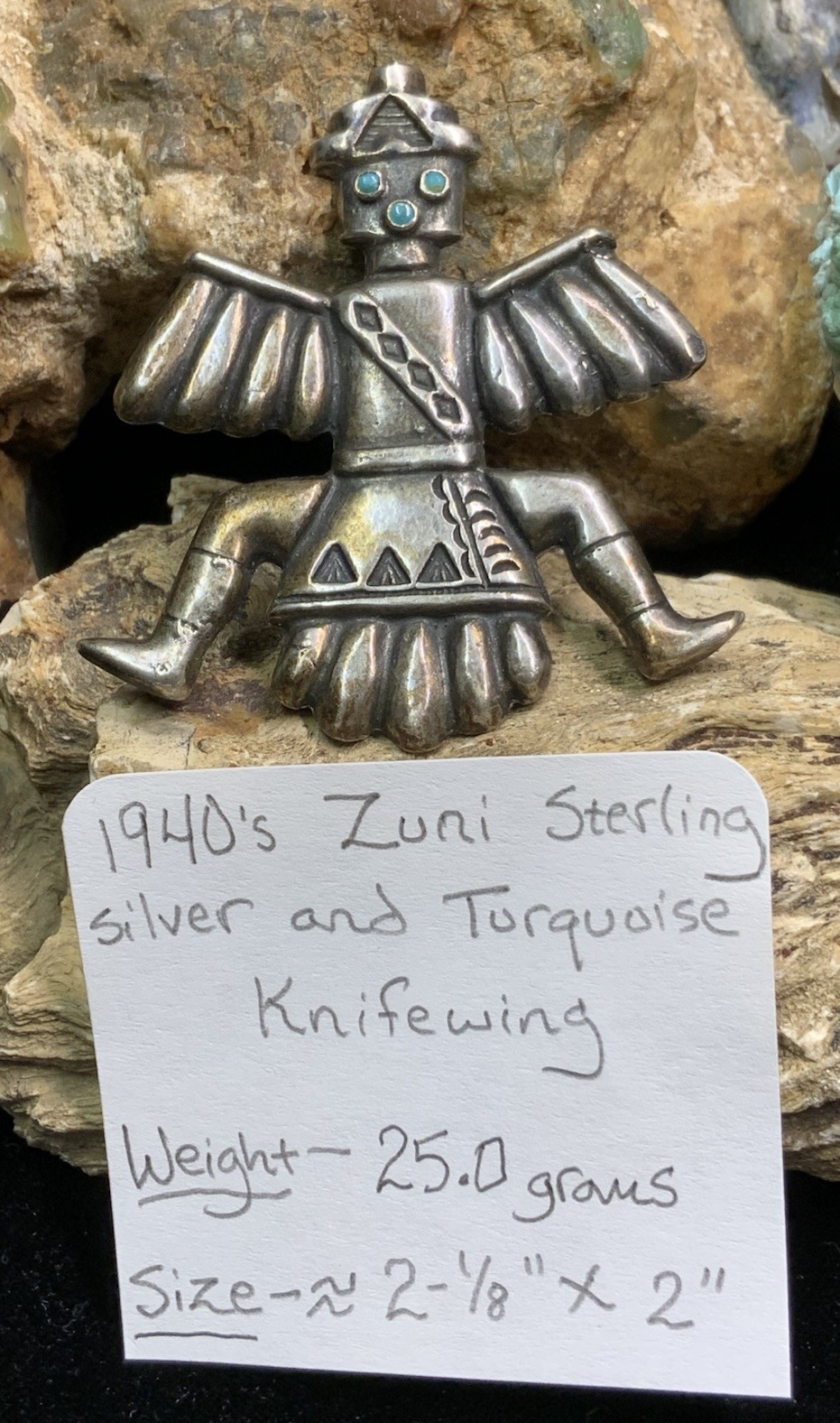 Vintage, 1940’s Native American Sterling Silver & Turquoise Knifewing Pin, 25.0g