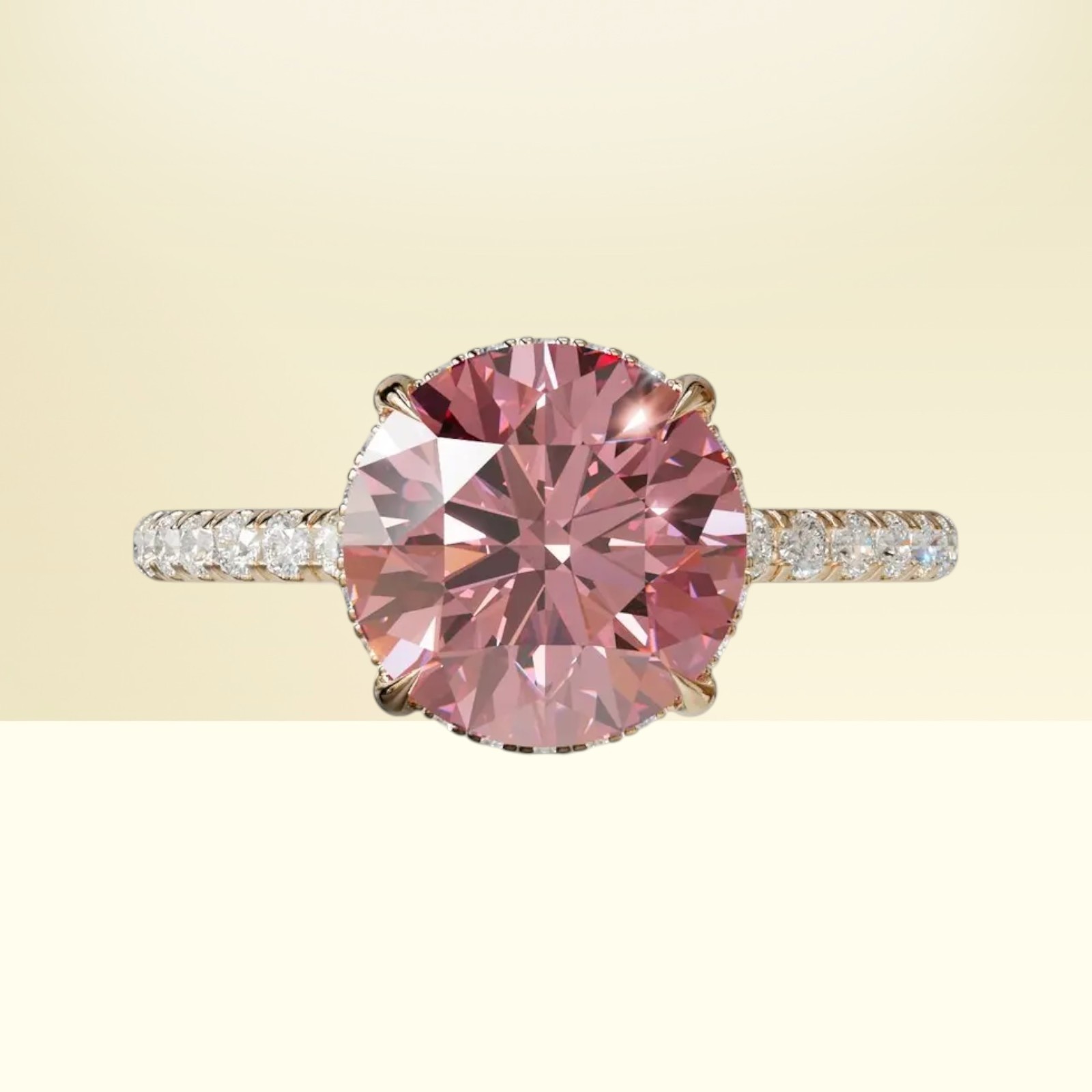 18k Yellow Gold Fancy Vivid Pink 3.00 Ct IGI Lab Created Round Cut Diamond Ring