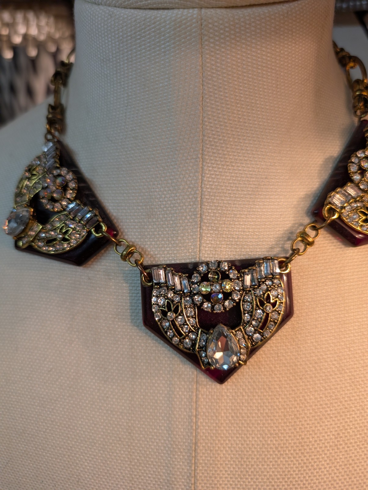Stunning Necklace With 3 Dark Amber Pendants W/Large Sparkling Rhinestones
